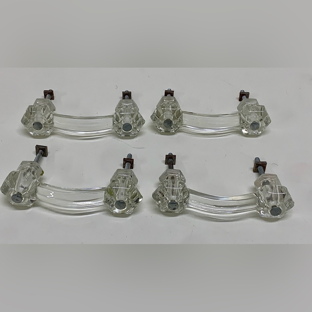 (Lot of 4) Early 1900s Clear Molded Glass Drawer Bridge Pull Handles w/ hardware